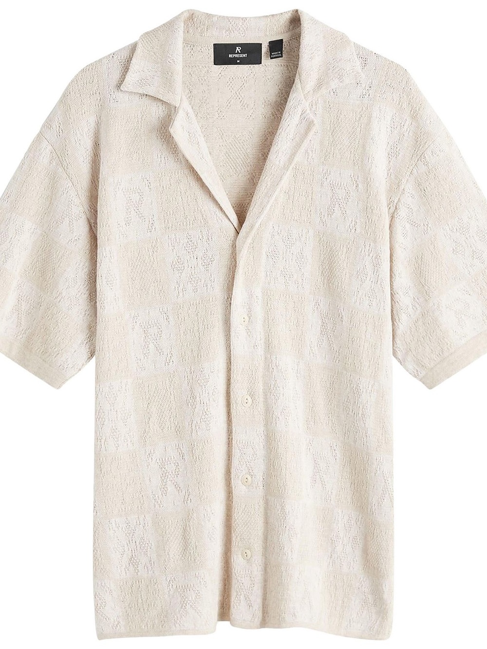 Represent Cream Crochet Knit Short Sleeve Button-Up Shirt